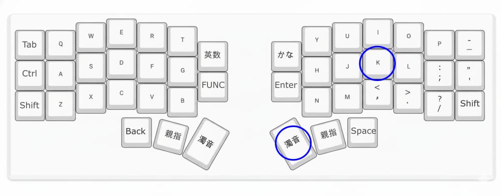 サブの親指キーと文字キーの同時打鍵で変換する図